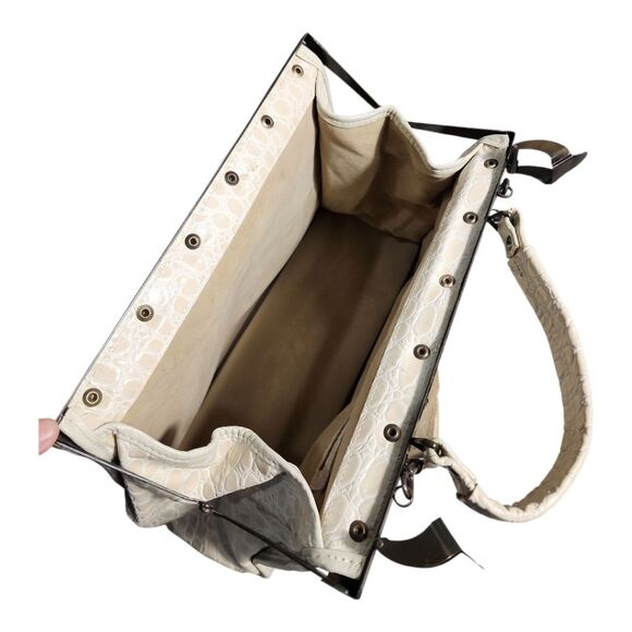 VINTAGE Croc Embossed Doctor Bag Satchel - Cream Beige Frame Handbag - Crossbody - Picture 12 of 14